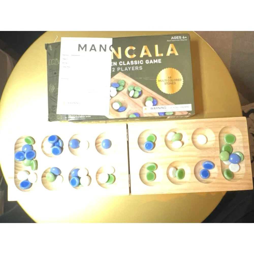 Wooden Classic Folding MANCALA Board Game with Glass 48 Stones. NEW OPEN BOX
